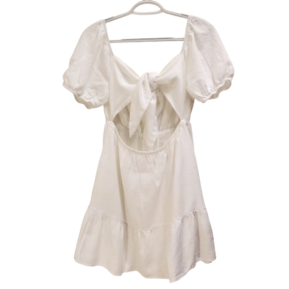 White Mini Dress Tie Back Puff Sleeve Ruffle Hem Summer Dress - Picture 2 of 10